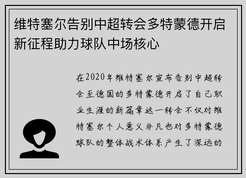 维特塞尔告别中超转会多特蒙德开启新征程助力球队中场核心