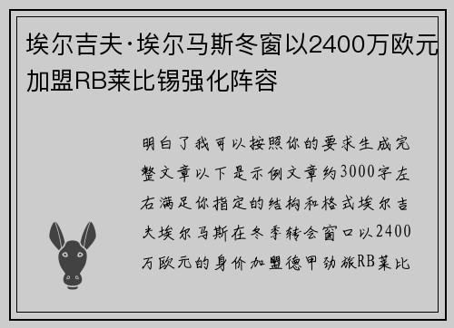 埃尔吉夫·埃尔马斯冬窗以2400万欧元加盟RB莱比锡强化阵容